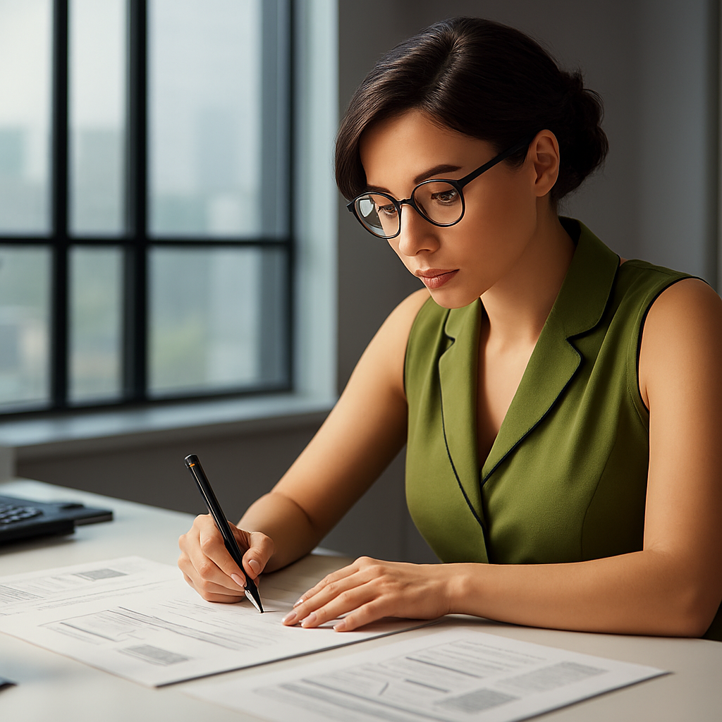 Professional woman with glasses in green blazer working on financial documents at desk with city view