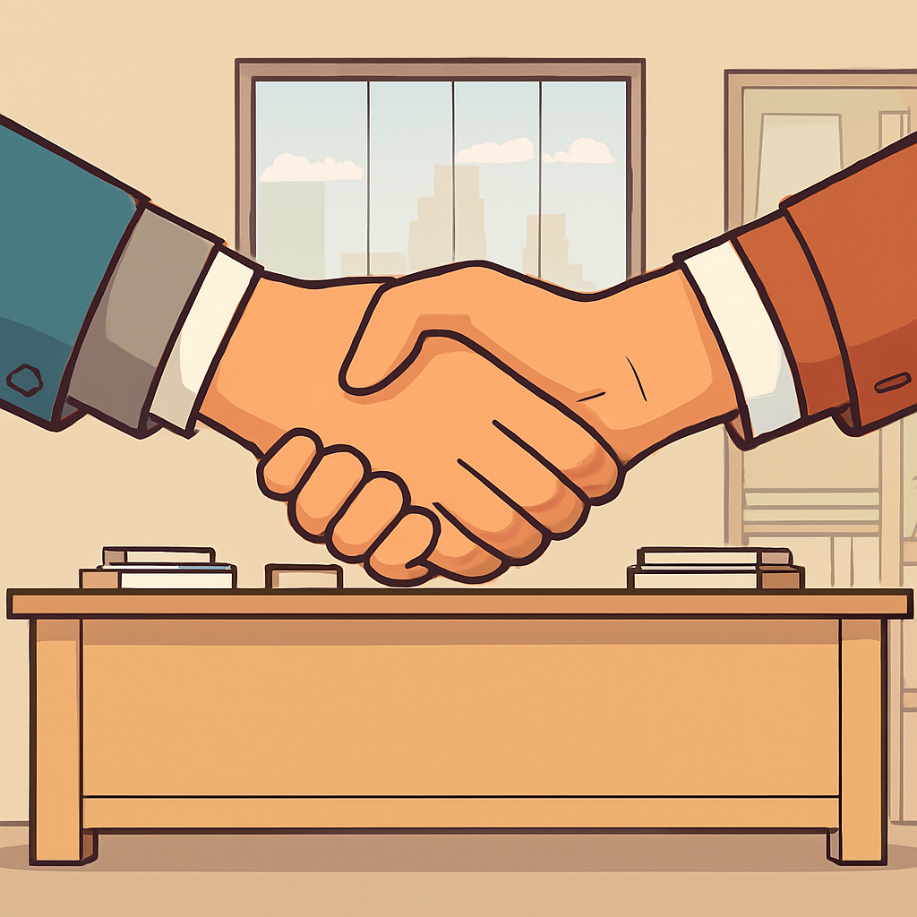 Professional business handshake over desk with city skyline