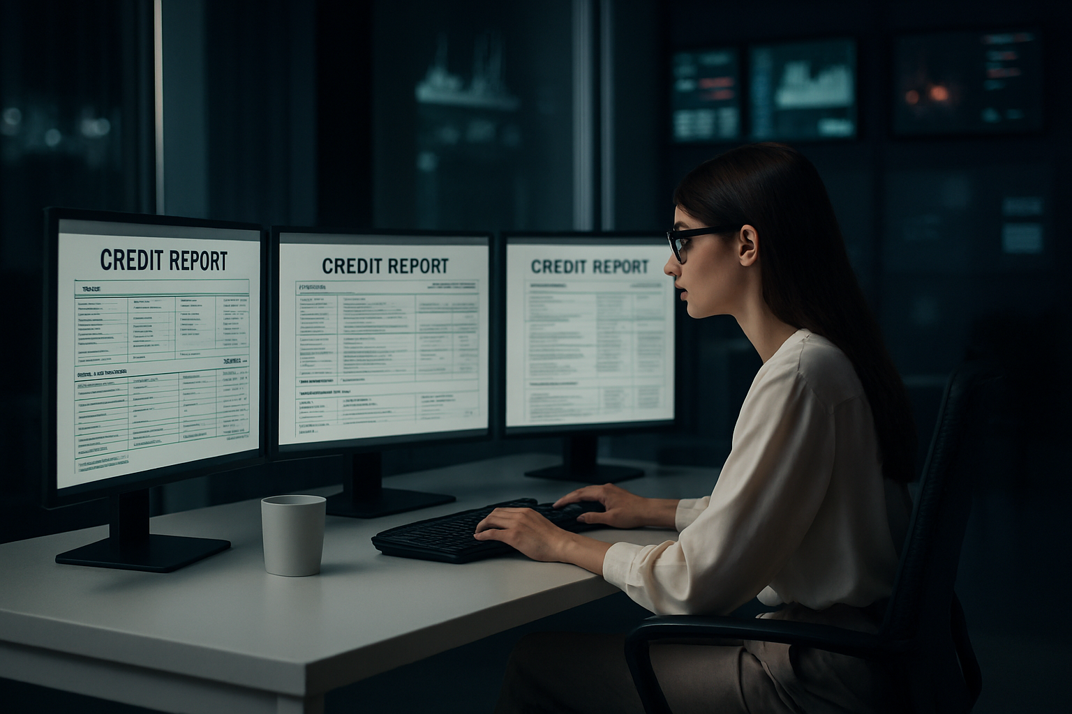 Professional working on credit reports with multiple monitors